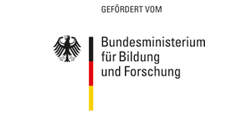 Lettering "Federal Ministry of Education and Research". Black lettering. White background. Federal eagle and three vertical lines in black, red, yellow.
