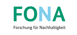Buchstabenfolge "FONA". Grüne und blaue Buchstaben. Weißer Hintergrund