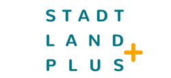 Sequence of letters "Stadt Land Plus". Blue lettering, white background. Yellow plus sign
